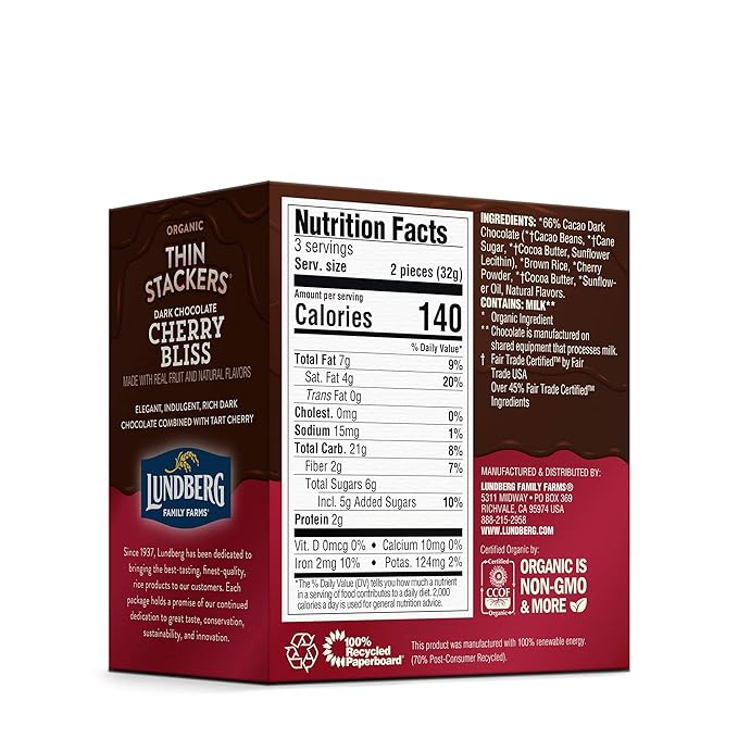 Lundberg Organic Chocolate Thin Stackers Cherry Bliss 3.4 oz (6 Count) Gluten-Free Whole Grain Kosher Dairy USDA Organic Non-GMO Project Verified Fair Trade Certified Ingredients