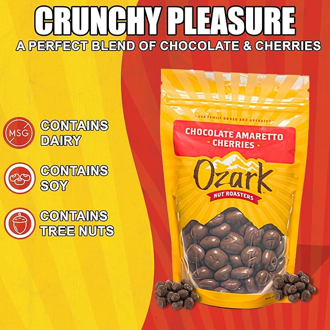 OZARK NUT ROASTERS Chocolate Amaretto Cherries Chocolate-Flavored Cherry Snacks World-Class Gourmet Milk Chocolate Coated Cherries Resealable Pack (14 oz)