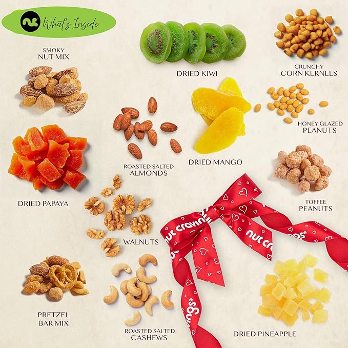 NUT CRAVINGS - Easter Dried Fruit &amp Mixed Nuts Gift Basket in Reusable Wooden Tray + Ribbon (12 Assortments) Ramadan Gifts Food Arrangement Healthy Snack Care Package Kosher