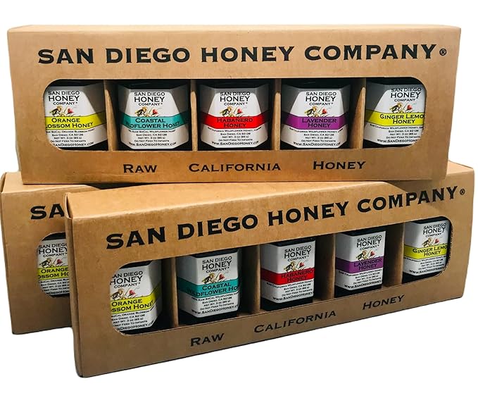 THE FAVORITES HONEY COLLECTION by San Diego Honey Company Honey Taster Flight 5 x 3oz Jars Raw Honey Variety Sampler Pack