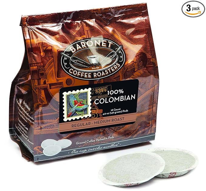 Baronet Coffee Pods [100% Colombian - 54 Pods] Single Cup Use for Senseo Coffee Machine - 3 Bags of 18 Single Serve 8 Gram Regular Strength Medium Roast [100% Colombian]