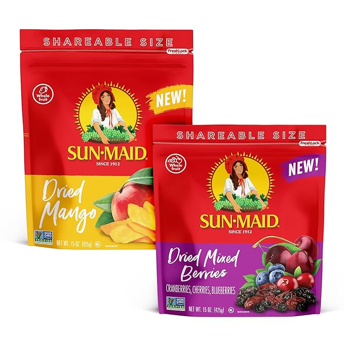 Sun-Maid Dried Mixed Berries 15oz &amp Dried Mangos 15oz Resealable Bags - Dried Fruit Snack for Lunches Snacks and Natural Sweeteners
