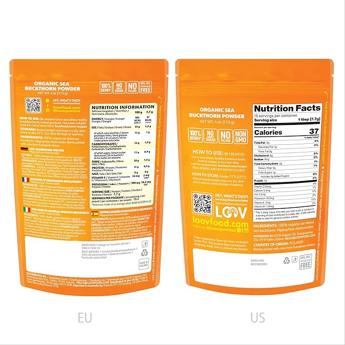 LOOV Organic Sea Buckthorn Berry Powder High in Fiber Omegas Vitamin C Vitamin E Made from Whole Berries 4 Oz Grown in Nordic Climate 23-Day Supply No Added Sugar Non-GMO