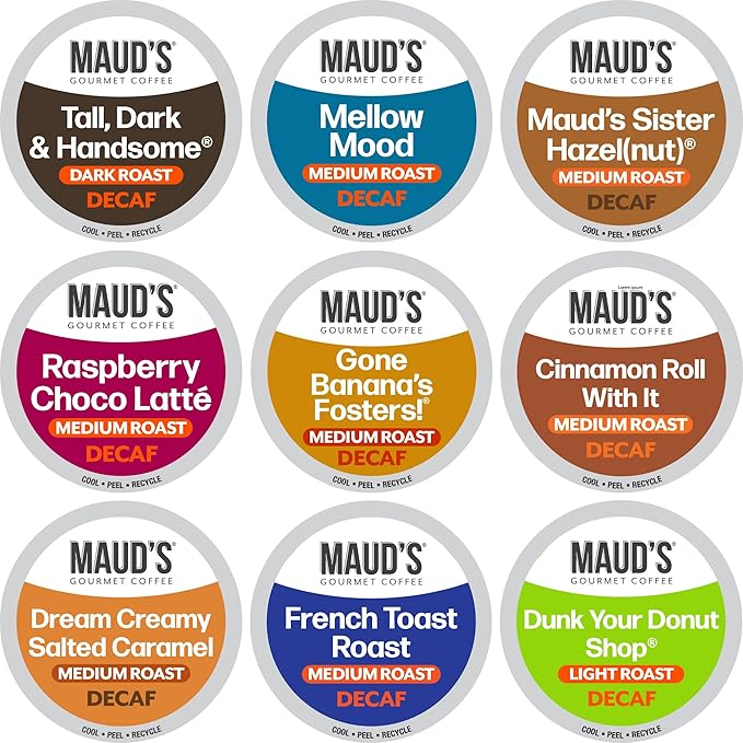 Maud's Decaf Coffee Pods Variety Pack 80 ct 9 Assorted Roasts &amp Flavors Decaffeinated Medium Roast Coffee in Single Serve Pods - 100% Arabica Coffee Compatible with Keurig K Cups Maker