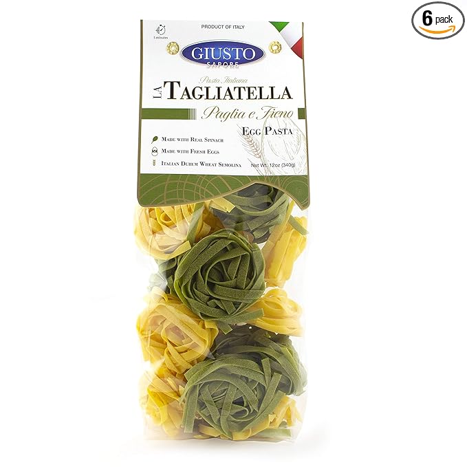 Giusto Sapore Italian Pasta - Egg 340g - Premium Bronze Drawn Durum Wheat Semolina Gourmet Pasta Brand - Imported from Italy and Family Owned (Paglia e Fieno 6 Pack)