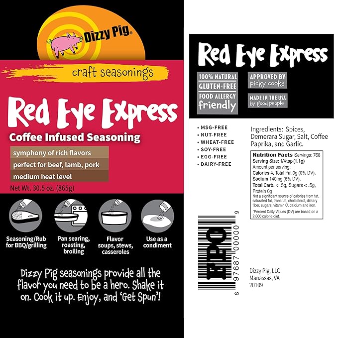 Dizzy Pig Red Eye Express Coffee-Infused Seasoning Rub (Quart Shaker) - Seasons Around 120lbs of Food - Hand Made in the USA - MSG Free Gluten Free