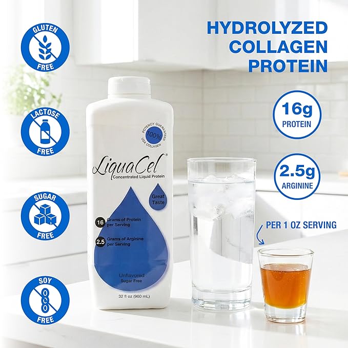 LiquaCel Concentrated Liquid Protein Unflavored Ready-to-Drink 16g Hydrolyzed Collagen Protein and 2.5g Arginine Per 1oz Serving Sugar &amp Gluten Free 32 fl oz Bottle Case of 6