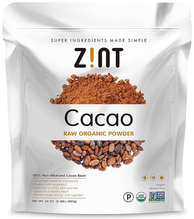 Zint Organic Cacao Powder (32 oz): Paleo-Certified Organic Non GMO Anti Aging Antioxidant Superfood Gluten Free Cocoa Cacao Beans Pure Delicious Chocolate Essence 32 Ounce