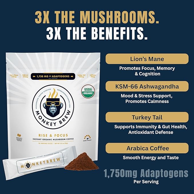 Monkey Brew Rise &amp Focus USDA Organic Mushroom Coffee | Boosts Focus Energy Immunity &amp Mood | 1750mg Adaptogens: Lion’s Mane Turkey Tail KSM-66 Ashwagandha | Low Caffeine Fruiting Body