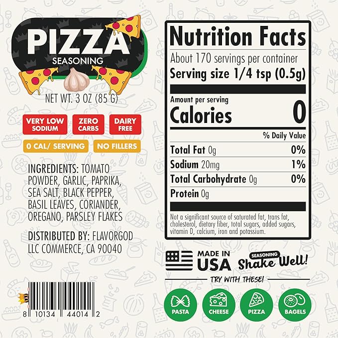 Flavor God 2 Bottles Pizza Seasoning Mix Natural Healthy Spice Blend For Grilling Chicken Beef Seafood Vegetables Salad Tacos Ravioli Pasta- Kosher Gluten &amp Dairy Free Vegan Keto Friendly
