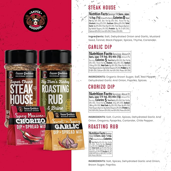 Sauce Goddess - Shaker Duo Deals (Duo #3) - Super Chunk Steak House Big Tom's Turkey Rub Spicy Mexican Chorizo &amp Sweet n’ Spicy Garlic Vegan Dips
