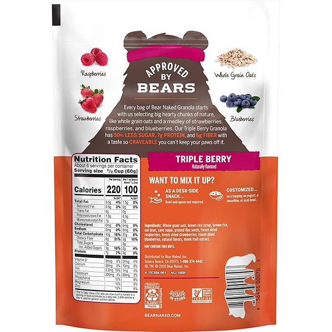 Bear Naked Granola Cereal Vegan Breakfast Snacks Triple Berry Crunch (6 Bags)