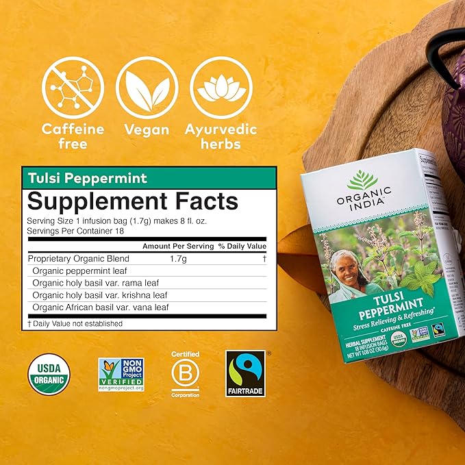 ORGANIC INDIA Tulsi Peppermint Tea - Caffeine Free Herbal Mint Tea - Stress Relieving Holy Basil Immune &amp Digestion Support Vegan USDA Certified Organic Fairtrade - 18 Infusion Bags 3 Pack