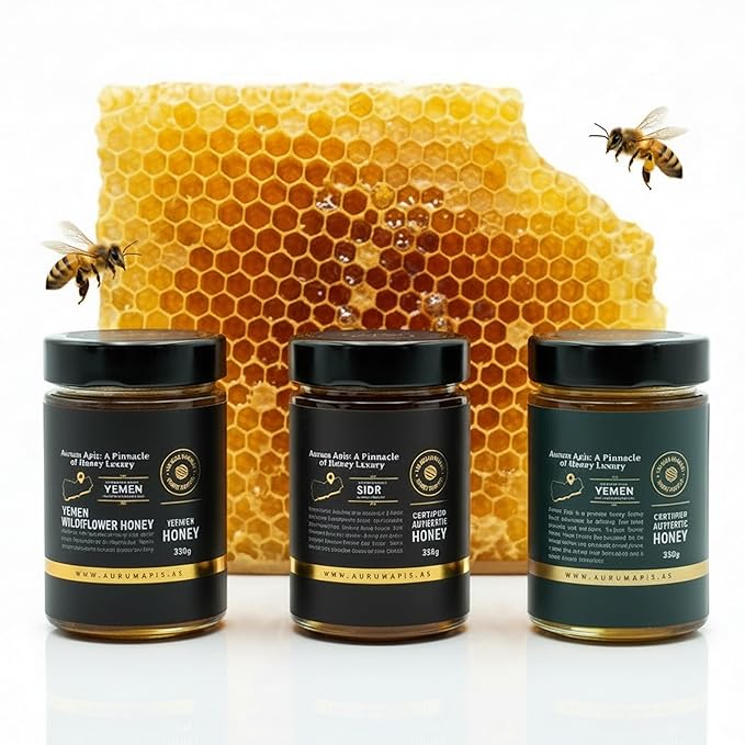 Aurum Apis Raw Yemeni Honey Gift Box – Authentic Sidr Sumar &amp Wildflower Honey | 100% Raw Unfiltered Hand-Harvested Non-GMO Smooth Texture &amp Rich Aroma (Pack of 3) – Each 330g Honey Jar