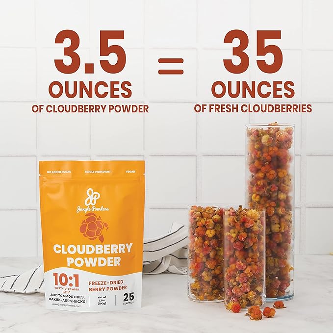 Jungle Powders Freeze Dried Organic Wild Blueberries 4oz &amp Cloudberry Powder 3.5oz – No Sugar Added Pure Fruit Powder for Smoothies Baking Jam Flavoring &amp Natural Antioxidant Boost