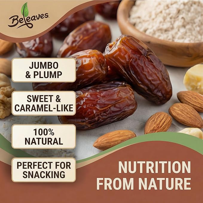 Beleaves Premium Medjool Dates 8 oz (4 Pack) | Vegan Gluten Free Kosher Nothing Artificial | Healthy Snack Baking &amp Salad Ingredient | Naturally Sweet Caramel-Like Flavor