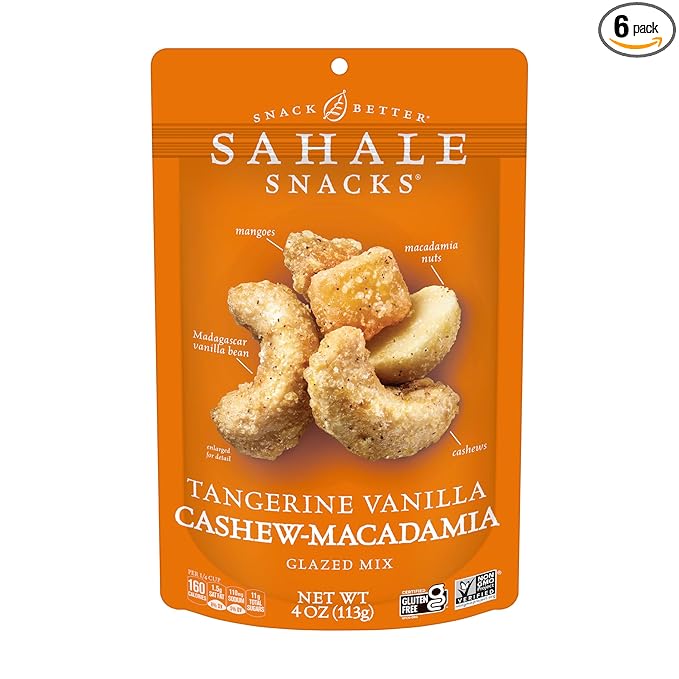 Sahale Snacks Tangerine Vanilla Cashew-Macadamia Glazed Mix 4 oz Pouches (6 Packs) - Dry-Roasted Deluxe Mixed Nuts with Mangoes &amp Madagascar Vanilla - Non-GMO Kosher &amp Certified Gluten-Free