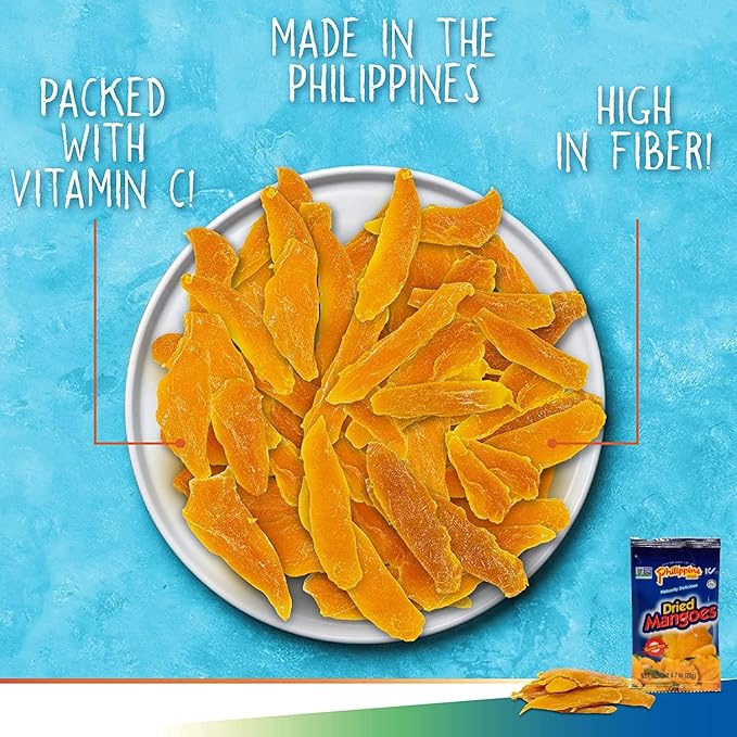 Philippine Brand Dried Mangoes Fruit Snacks- All Naturally Gluten Free Vegan Hand-Selected Delicious Fresh Mangos from Philippines Grab and Go Perfect for Office &amp School Food (.7oz (24 Pack))