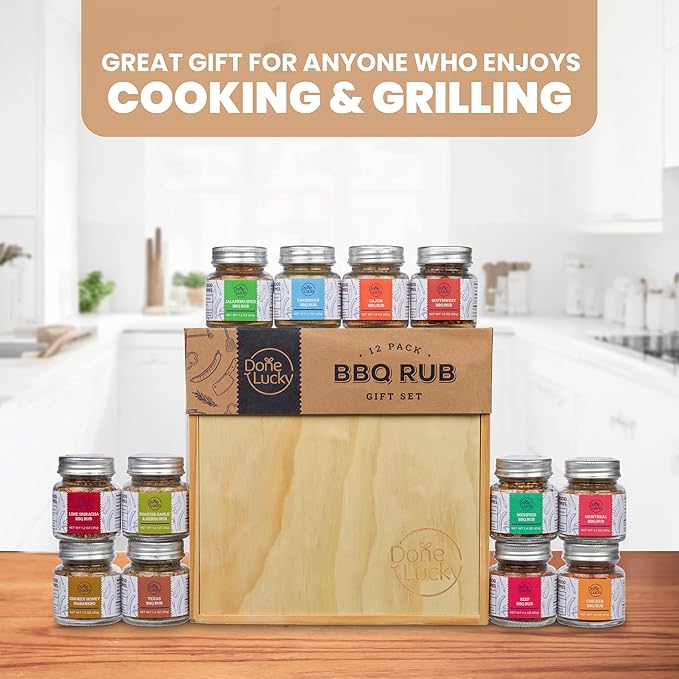 BBQ Rub Gift Set - Spice Gift Set in Premium Wooden Box - Great Grilling Gift for Christmas Birthday Father's Day for Him Dad Men or Her - Unique Barbecue Seasonings (Set of 12)