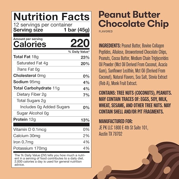 Perfect Keto Collagen Protein Bar Gluten Free Grass Fed Collagen + MCT Oil Low Carb No Sugar Added High Protein Snacks Keto Diet Foods 13g Protein 18g Fat 3g Net Carbs Peanut Butter Chocolate
