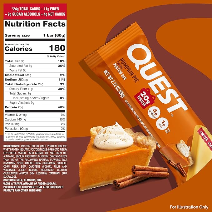 Quest Nutrition Pumpkin Pie Protein Bar 20g Protein 4g Net Carb 1g Sugar Gluten Free 12 Count