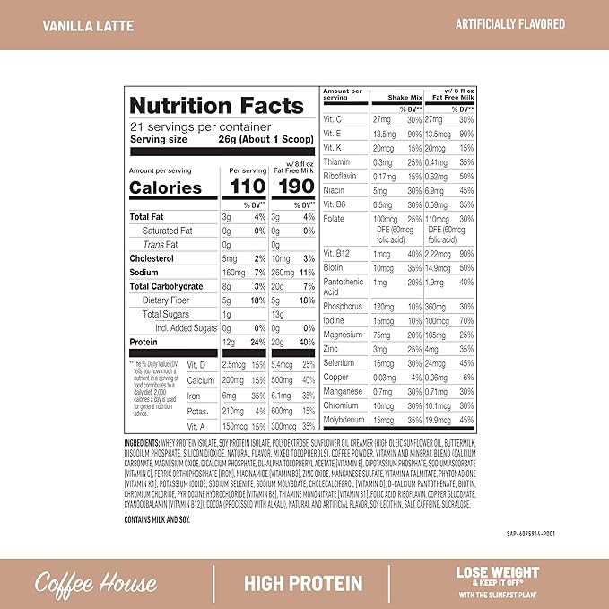 SlimFast High Protein Meal Replacement Powder Caffeine Protein Powder Energizing Protein Mix Vitamin and Mineral Blend Gluten Free Coffee Flavored Protein Powder Vanilla Latte 21 Servings