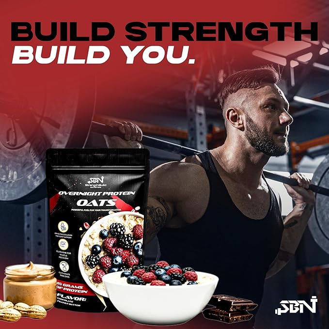 StrengthBuild Overnight Protein Oats – 45g Protein Muscle-Building Oatmeal – Clean Ingredients – Peanut Butter Chocolate – 8 Pouches