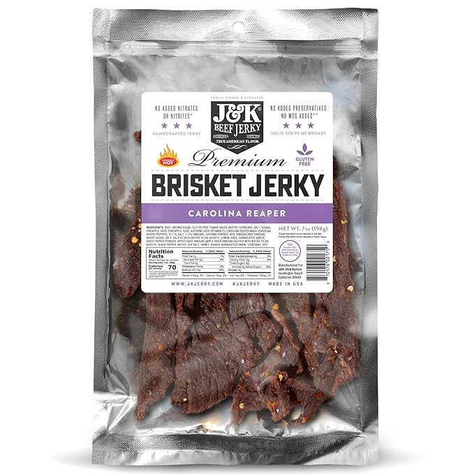 J&ampK Jerky Carolina Reaper Beef Brisket Jerky - Small Batch American Made Slab Beef Jerky's Spicy and Savory Snack with a Kick - Bold &amp Flavorful Snack! - 7oz Big Bag of Jerky's