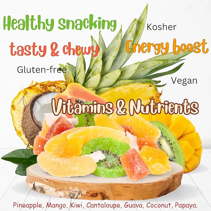 Tropical Deluxe Dried Mixed Fruit - by Its Delish 10 Lbs Bulk Bag | Healthy Snacks for Adults | Fresh Snack Mix Dry Fruit | Pineapple Mango Papaya Guava Coconut Kiwi Cantaloupe Medley | Vegan Kosher