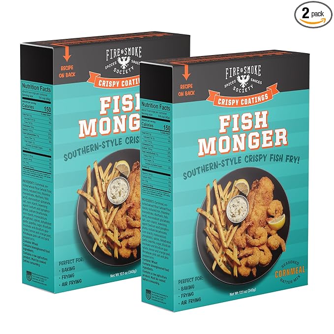 Fire &amp Smoke Society Fish Monger Fish Fry Seasoning Mix | Fish Batter Southern Style Crispy Coating | Baking Frying Air Frying | 12.1 oz (2-Pack)