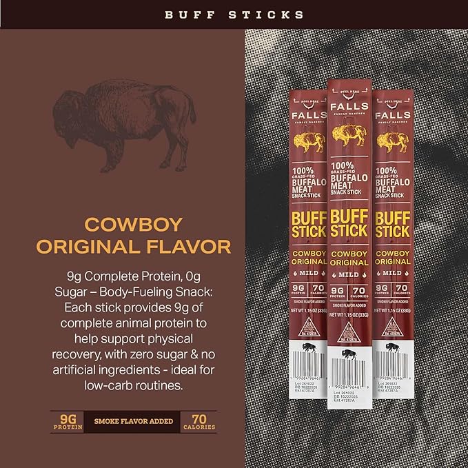 Grass-Fed Buffalo Meat Snack Sticks Cowboy Original Mild by Falls Family Ranches 12 Pack 1.15oz Stick Carton 9g Protein 0g Sugar 70 Calories