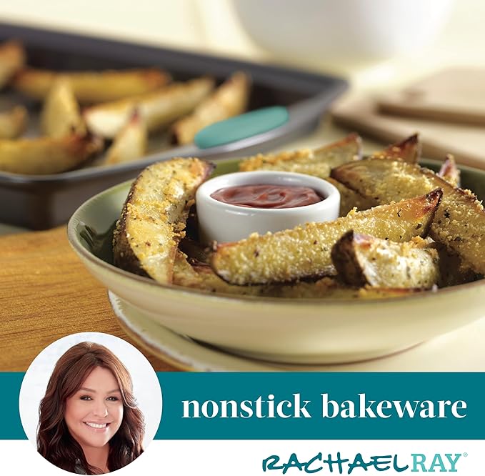 Rachael Ray Bakeware Nonstick Cookie Pan Set 3-Piece Gray with Agave Blue Grips