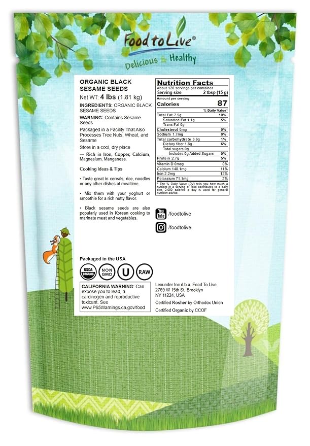 Food to Live Organic Black Sesame Seeds 4 Pounds Non-GMO Raw Unhulled Kala Til Seeds Unroasted Kosher Vegan Bulk. Good Source of Calcium Iron and Dietary Fiber. For Sesame and Tahini Paste.