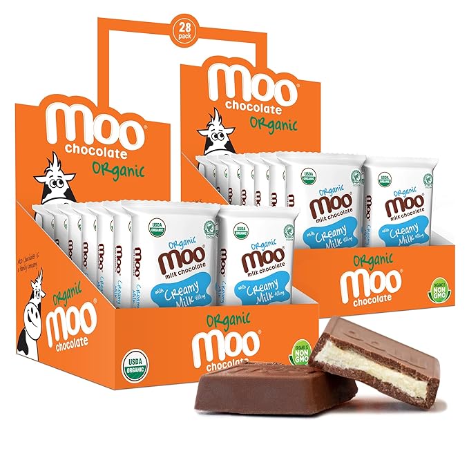 Moo Chocolates Organic Milk Chocolate Mini Bars with Creamy Milk Filling 0.7oz 28 ct (Pack of 2) | USDA Organic Non-GMO | 110 Calorie Snacks for On-the-Go Lunchboxes Office