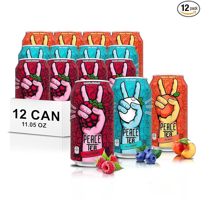 Peace Tea Variety Pack - NO Preservatives Made with Real Tea and Natural Fruity Flavor - Pack of 12 Iced Tea Cans (4 Cans of Razzleberry 4 Cans of Peach 4 Cans of Sno Berry) 3 Flavors 341 mL/11.5