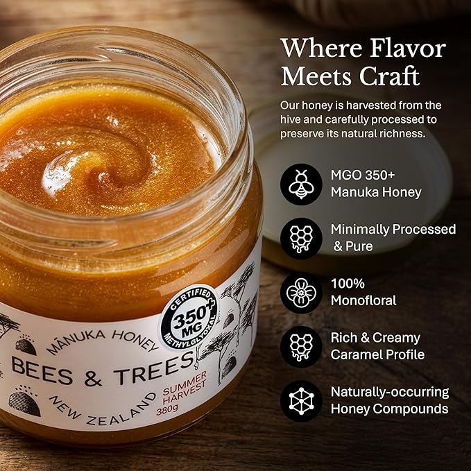 Bees &amp Trees Manuka Honey 350+ MGO - Raw Pure New Zealand Monofloral Honey – Unpasteurized &amp Natural Unfiltered Manuka for Tea Coffee Dressings Smoothies &amp Daily Use – Glass Jar 380g (