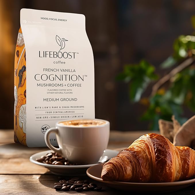 Lifeboost French Vanilla Cognition Mushroom Coffee - Low Acid Medium Organic Coffee with Nootropic Lions Mane &amp Chaga Mushrooms - Increase Energy Boost Focus &amp Immune Support - 12 oz Bag - Gr