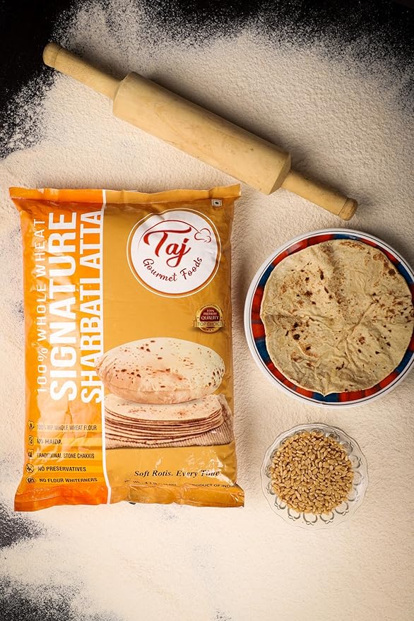 TAJ Signature Sharbati Atta 10lbs (Chakki Atta - Stone Ground) 100% Whole Wheat Flour Chappati Flour