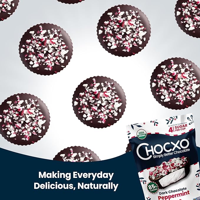 Chocxo Dark Chocolate Peppermint Cups - Lower Sugar Christmas Candy 85% Organic Cacao NonGMO Keto Gluten Free Kosher. No Artificial Sweeteners/Sugar Alcohols 3.45 oz (Pack of 6)