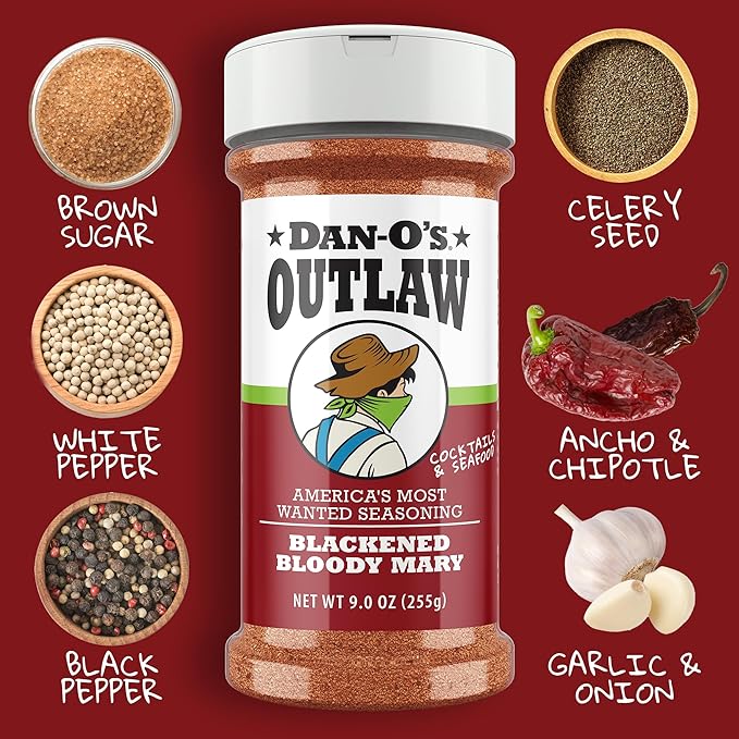 Dan-O's Outlaw Seasoning 6 Bottle Set- Butter Dust Butter Steak Spicy BBQ Sweet Caribbean Sweet &amp Tangy BBQ and Blackened Bloody Mary Seasoning