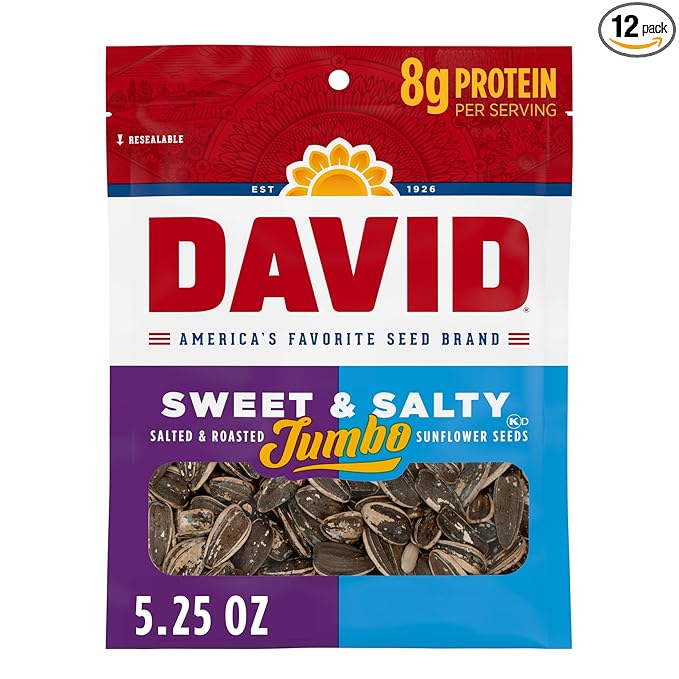 DAVID Roasted and Salted Sweet and Salty Jumbo Sunflower Seeds Keto Friendly 5.25 oz 12 Pack