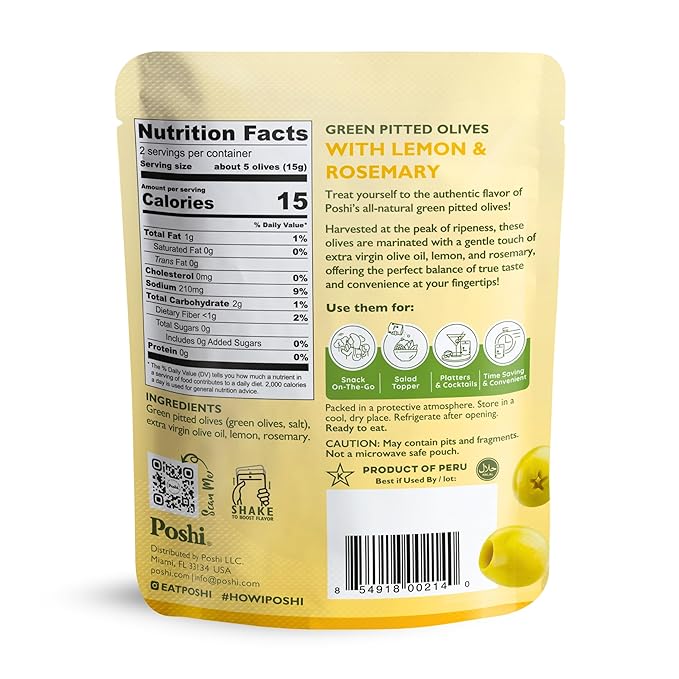 POSHI Green Pitted Olives - Lemon &amp Rosemary | Vegan Kosher Gluten Free + Keto Friendly Fresh All Natural Low Calorie Healthy Snacks | (30 Pack 1.1oz Bags)