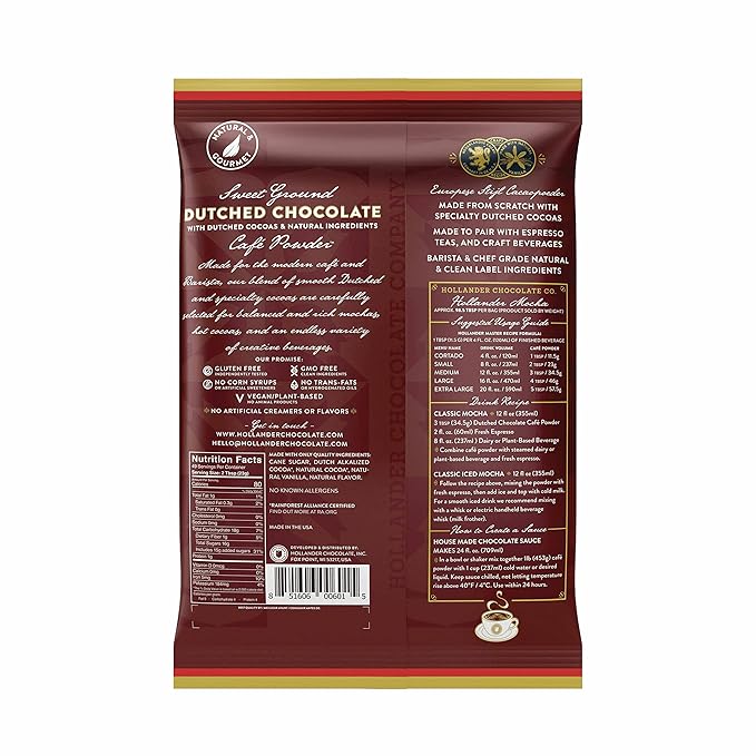 Hollander Sweet Ground Dutched Chocolate Powder | 2.5lb Bag | Beverage Specialty Coffee Drinks Baking &amp Desserts | Clean Label &amp Gourmet Ingredients | GMO Free Rainforest Alliance Certified