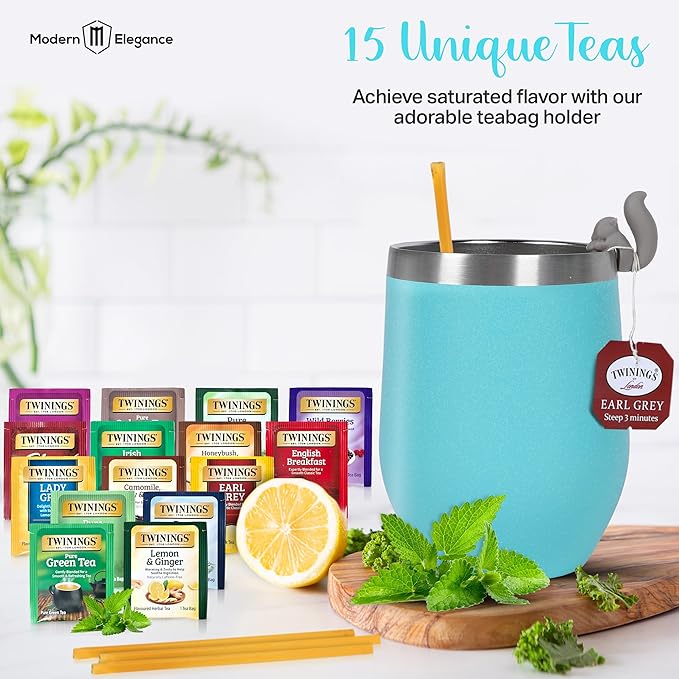 Birthday Gift Set with Stainless Tumbler 15 Assorted Teas 10 Honey Straws Tea Tongs Scented Candle and Greeting Card in Ready-to-Gift Box (Teal - Birthday Card)