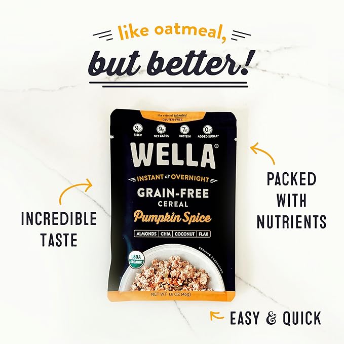 Wella Cereal Oatmeal Alternative Gluten-Free Breakfast Hot Cereal Grain-Free Paleo Organic Vegan High Protein Superfood Plant-Based Non-GMO Low in Net Carbs Single-Serve Packets Pumpkin Spice Fl