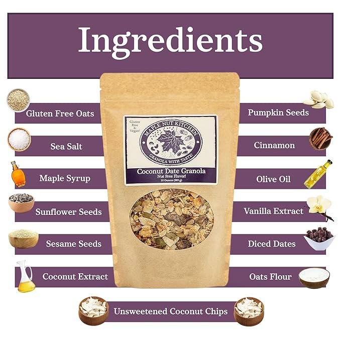 Maple Nut Kitchen Coconut Date Granola 3 Pack – Gluten-Free Vegan &amp Nut-Free Granola with Certified Oats Pumpkin Seeds Coconut Chips &amp Diced Dates – Low Sugar Crunchy Healthy Breakfast