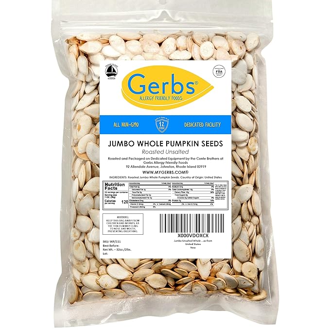 Gerbs Roasted Unsalted Jumbo Whole Pumpkin Seeds 2 lbs. | Small Batch In-Shell 13-14 mm Size Resealable Bag | Naturally Crunchy &amp Mild | Top 14 Allergen-Free