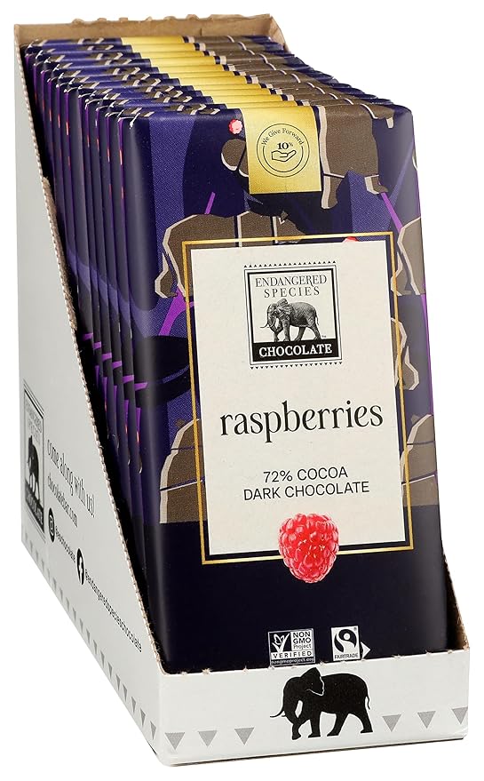 Endangered Species Raspberries 72% Cocoa Dark Chocolate Bar Fair Trade Vegan Friendly Kosher Gluten Free &amp Non-GMO 3 Ounce (Pack of 12)