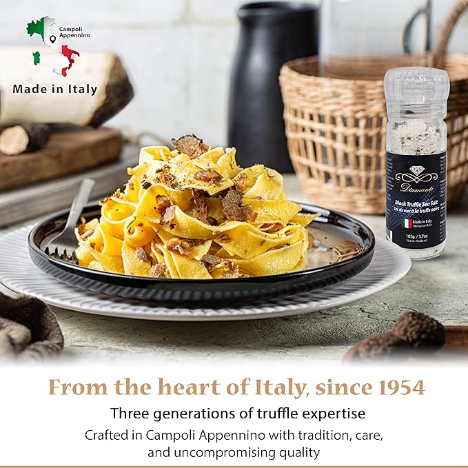 Diamante Italy Black Truffle Sea Salt with Glass Grinder - Gourmet Truffle Salt Seasoning - Specialty Seasoning - Non GMO &amp Made in Italy - 105g