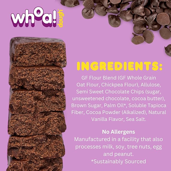 Whoa Dough Edible Cookie Dough Bars- Certified Non-GMO Kosher and Gluten Free Bars - Healthy Snack Foods - Plant Based Snacks Made With Real Ingredients - Brownie Batter Cookie Dough - 4 Pack